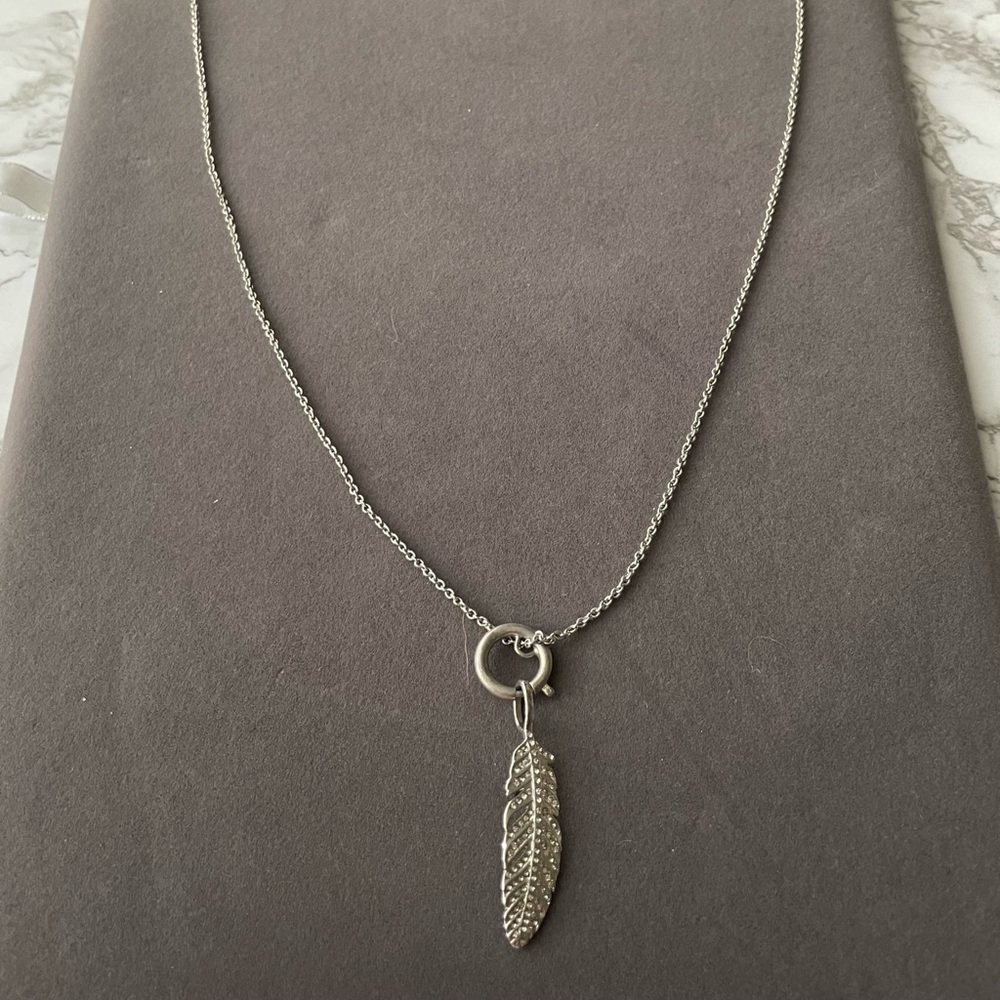 Long Silver Necklace with Rhinestoned Feather Charm